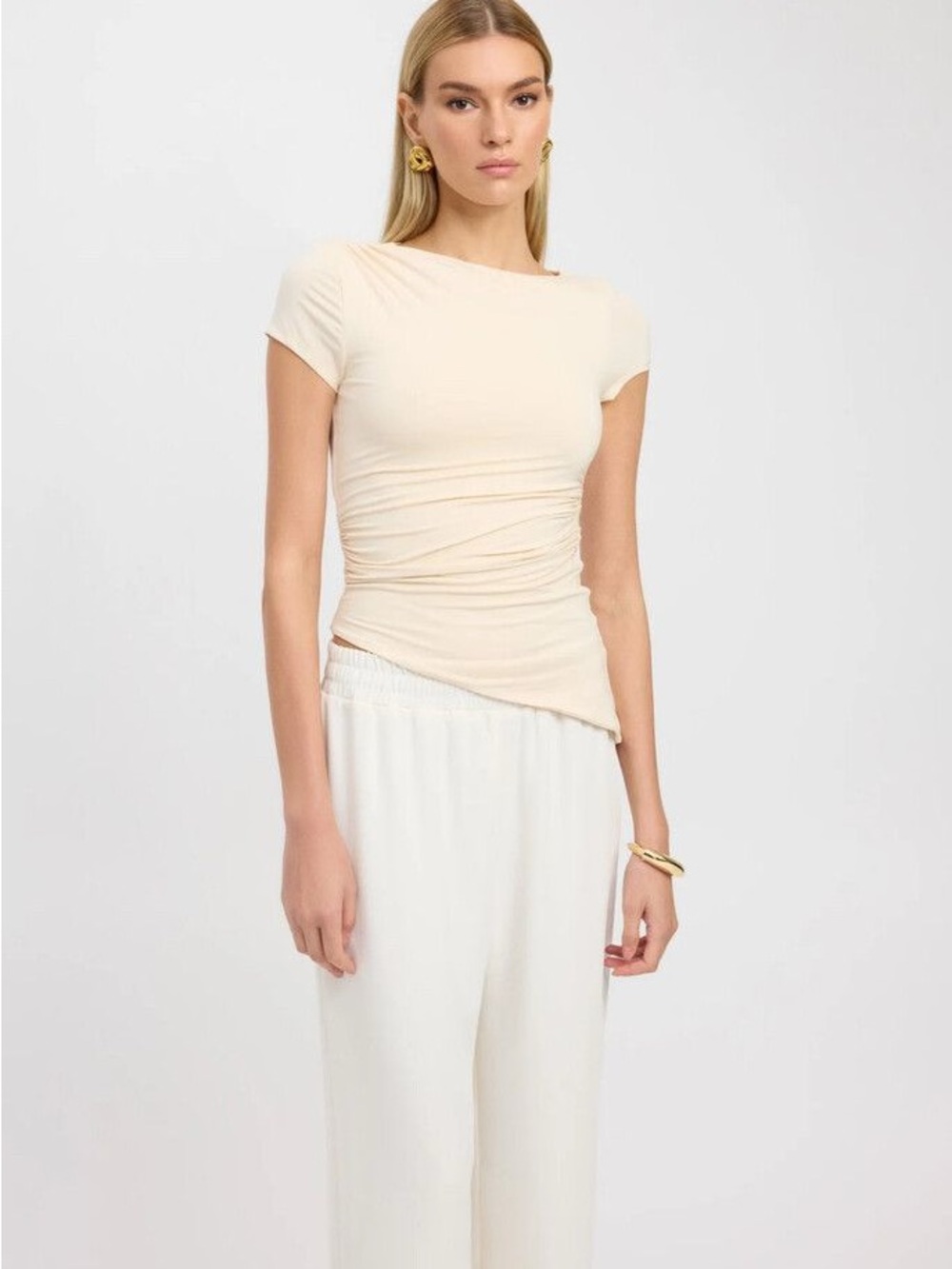 Kookai Cream Asymmetric Ruched Short Sleeve Top